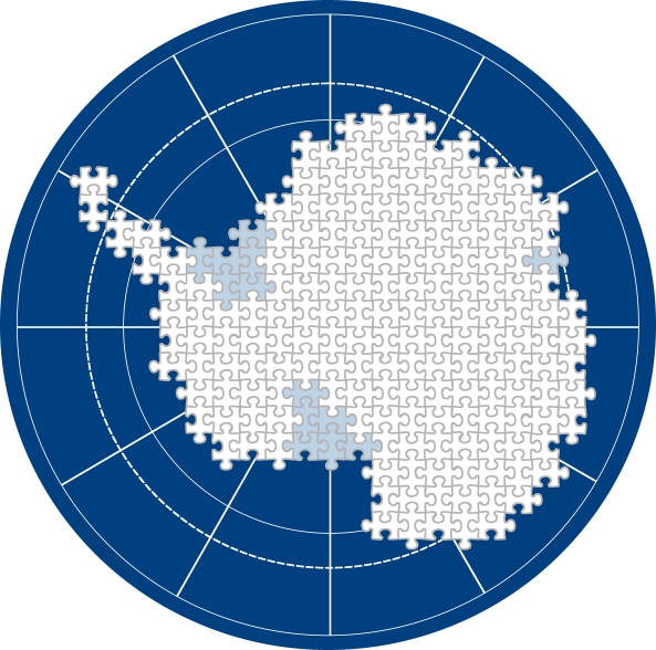 zur Vergrößerungsansicht des Bildes: Das Logo des SPP 1158 zeigt die Umrisse der Antarktis aus hellen Puzzleteilen auf dunklem Untergrund. Logo: Universität Rostock