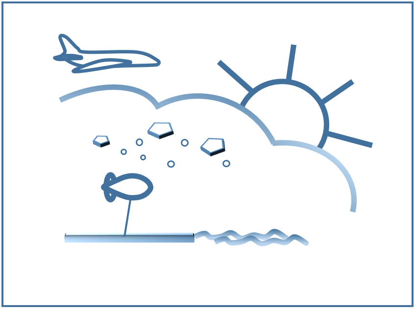 enlarge the image: Graphic with suggested cloud with droplets and ice particles. Above flying an aeroplane, below a water - and land surface with tethered balloon. Graphic: University of Leipzig