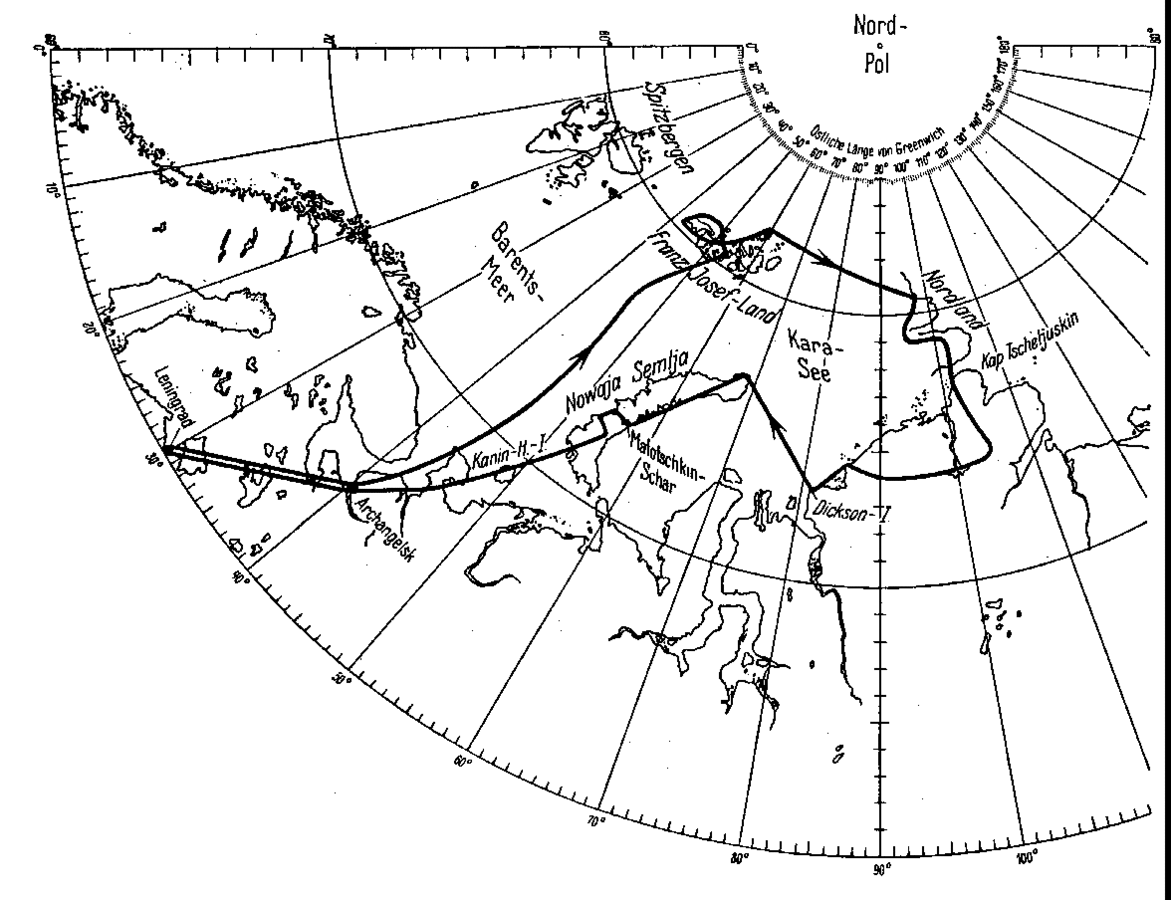 enlarge the image: Route of the "Graf Zeppelin" during the Arctic expedition in 1931. Aus: O. Baschin, Die Arktisfahrt des Luftschiffes „Graf Zeppelin“, Die Naturwissenschaften, 20. Jg, H. 1, 1932