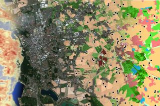 Verschieden eingefärbte Satellitenbildproduktreihe am Beispiel Leipzig und südliches Umland zeigt verschiedene Fernerkundungsmethoden zur Darstellung verschiedener Oberflächeneigenschaften