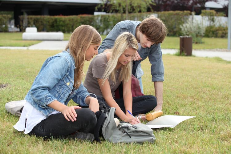 drei Studierende sitzen auf dem Rasen und beraten sich, Foto: Colourbox