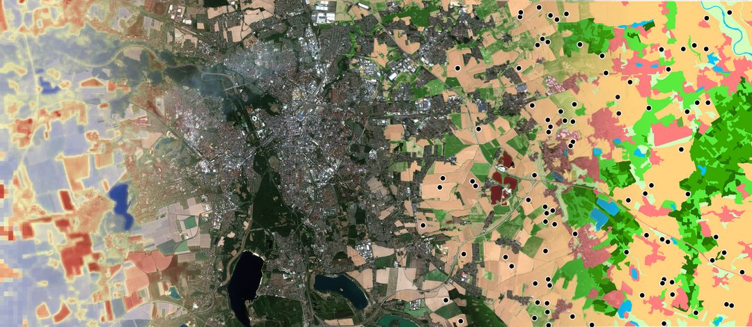 Verschieden eingefärbte Satellitenbildproduktreihe am Beispiel Leipzig und südliches Umland zeigt verschiedene Fernerkundungsmethoden zur Darstellung verschiedener Oberflächeneigenschaften
