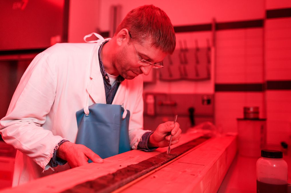 zur Vergrößerungsansicht des Bildes: Ein Wissenschaftler entnimmt Proben eines Bohrkerns im Lumineszenzlabor unter Rotlicht, Foto: Christian Hüller/Universität Leipzig, SUK.