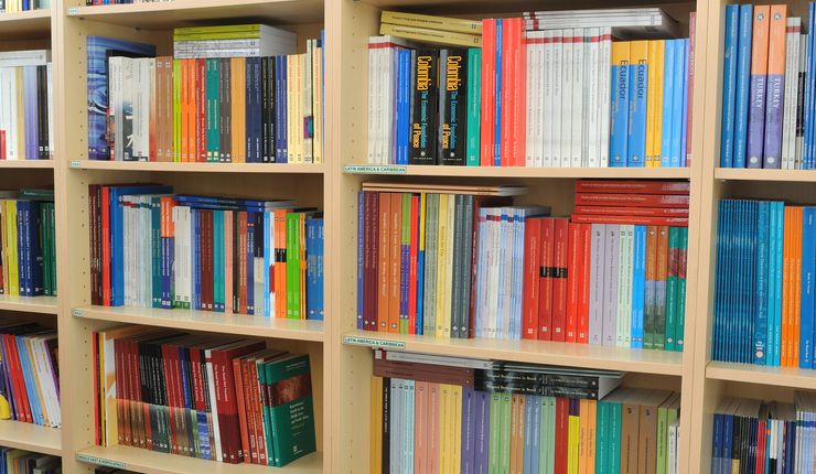 There are many colourful books on a bookshelf. Photo: Colourbox