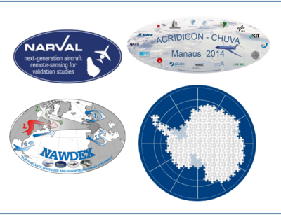 Logos der abgeschlossenen Projekte NARVAL, ACRIDCON-CHUVA, NAWDEX und ANT-LAND. Logos: DFG