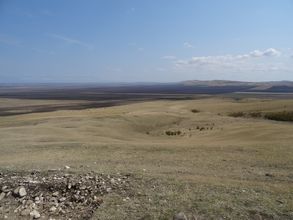 Aufnahme der unbewaldetenen, hügeligen Shiraki plains in Georgien bei Sonnenschein, Foto: H. von Suchodoletz