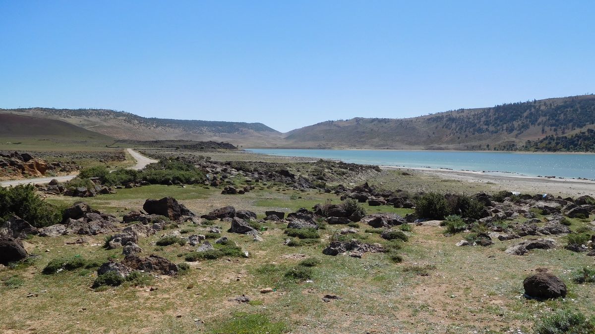 enlarge the image: Foto vom See Sidi Ali im Mittlerer Atlas (Marokko) mit Basaltsteinen am Ufer bei Sonnenschein, Foto: A. Köhler