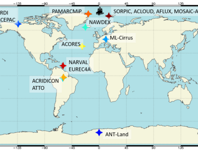 In einer Weltkarte sind die Positionen zahlreicher Messkampagnen eingetragen. Schwerpunkt sind die polaren Gebiete als auch der tropische und subtropische Bereich. Grafik: Evi Jäkel / Universität Leipzig