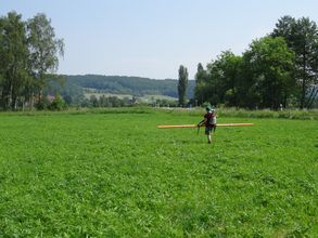 Ein Studierender führt eine Geophysikalische Prospektion in der mit Pflanzen bewachsenen Aue der Weißen Elster bei Sonnenschein durch, Foto: H. von Suchodoletz