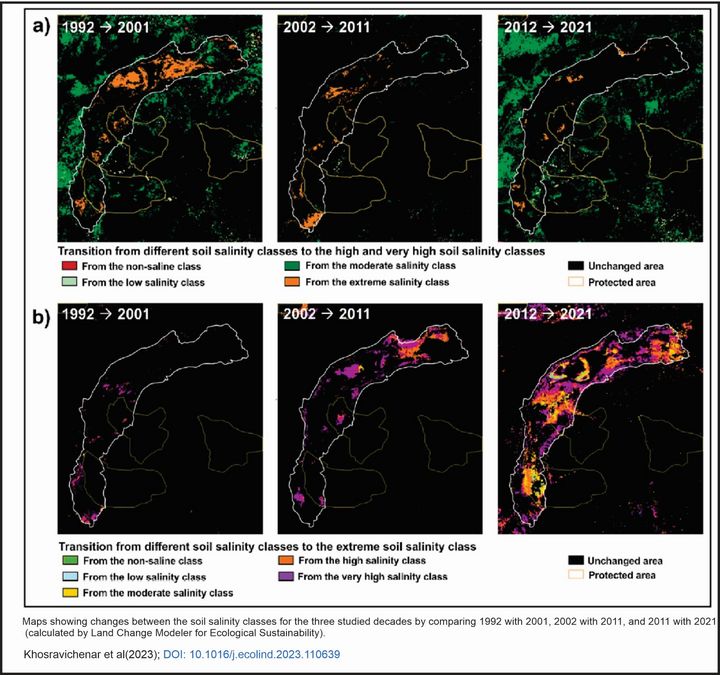 enlarge the image: Abbildung 3: Karten, die die Veränderungen zwischen den Bodensalzgehaltsklassen für die drei untersuchten Jahrzehnte zeigen